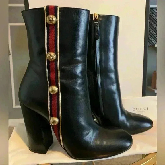 GUCCI | Carly Malaga Black Leather Web Stripe Studded Ankle Boots Size 38 - Picture 1 of 11
